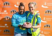 1 October 2023; Zikona Masala is presented with a birthday cake by Ailis McSweeney of The Sanctuary Runners during the Permanent TSB Sanctuary Run 2023 at the Cross Country track of the Sport Ireland Campus in Dublin. The Permanent TSB Sanctuary Run on the Sport Ireland campus attracted nearly 1,000 participants including refugees from Direct Provision centres across Ireland, Ukrainian people in Dublin, locals and Irish Olympians. The event, to celebrate diversity and interculturalism in Ireland today, was run by the Sanctuary Runners’ organisation and supported by the Olympic Federation of Ireland and Athletics Ireland. Photo by Stephen McCarthy/Sportsfile