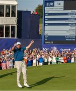 1 October 2023; Shane Lowry of Europe celebrates on the 17th green after winning the Ryder Cup on the final day of the 2023 Ryder Cup at Marco Simone Golf and Country Club in Rome, Italy. Photo by Brendan Moran/Sportsfile