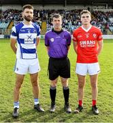 1 October 2023; Referee Paud O'Dwyer with Tinryland captain Shane Redmond and Éire Óg captain Jordan Morrissey before the Carlow County Senior Club Football Championship final match between Tinryland and Éire Óg at Netwatch Cullen Park in Carlow. Photo by Matt Browne/Sportsfile