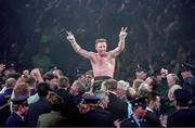 18 March 1995; Steve Collins of Ireland celebrates after a points victory over the reigning champion Chris Eubank after the WBO World Super-Middleweight Title fight at the Green Glens Arena Millstreet in Cork, Ireland. Photo by David Maher/Sportsfile
