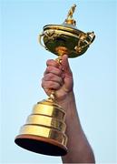 1 October 2023; Europe captain Luke Donald holds the Ryder Cup trophy aloft after the final day of the 2023 Ryder Cup at Marco Simone Golf and Country Club in Rome, Italy. Photo by Brendan Moran/Sportsfile