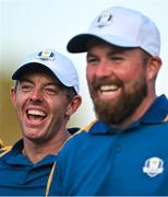 1 October 2023; Rory McIlroy of Europe, left, and team-mate Shane Lowry after the final day of the 2023 Ryder Cup at Marco Simone Golf and Country Club in Rome, Italy. Photo by Brendan Moran/Sportsfile