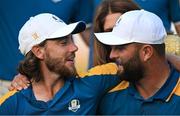 1 October 2023; Tommy Fleetwood of Europe, left, and team-mate Jon Rahm after the final day of the 2023 Ryder Cup at Marco Simone Golf and Country Club in Rome, Italy. Photo by Brendan Moran/Sportsfile