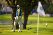 1 October 2023; Shane Lowry of Europe looks at his lie on the 11th green during the singles matches on the final day of the 2023 Ryder Cup at Marco Simone Golf and Country Club in Rome, Italy. Photo by Brendan Moran/Sportsfile