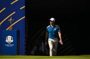 1 October 2023; Rory McIlroy of Europe arrives on the first tee box during the singles matches on the final day of the 2023 Ryder Cup at Marco Simone Golf and Country Club in Rome, Italy. Photo by Brendan Moran/Sportsfile
