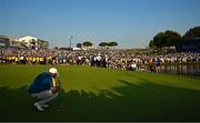 1 October 2023; Shane Lowry of Europe lines up his putt on the 18th green during the singles matches on the final day of the 2023 Ryder Cup at Marco Simone Golf and Country Club in Rome, Italy. Photo by Brendan Moran/Sportsfile