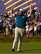 1 October 2023; Shane Lowry of Europe celebrates after going one up on the 17th green during the singles matches on the final day of the 2023 Ryder Cup at Marco Simone Golf and Country Club in Rome, Italy. Photo by Brendan Moran/Sportsfile