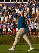 1 October 2023; Shane Lowry of Europe celebrates after going one up on the 17th green during the singles matches on the final day of the 2023 Ryder Cup at Marco Simone Golf and Country Club in Rome, Italy. Photo by Brendan Moran/Sportsfile