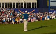 1 October 2023; Shane Lowry of Europe celebrates after going one up on the 17th green during the singles matches on the final day of the 2023 Ryder Cup at Marco Simone Golf and Country Club in Rome, Italy. Photo by Brendan Moran/Sportsfile