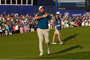 1 October 2023; Shane Lowry of Europe celebrates after going one up on the 17th green during the singles matches on the final day of the 2023 Ryder Cup at Marco Simone Golf and Country Club in Rome, Italy. Photo by Brendan Moran/Sportsfile