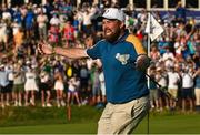 1 October 2023; Shane Lowry of Europe celebrates after going one up on the 17th green during the singles matches on the final day of the 2023 Ryder Cup at Marco Simone Golf and Country Club in Rome, Italy. Photo by Brendan Moran/Sportsfile