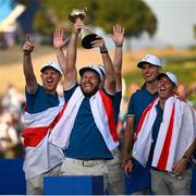 1 October 2023; Tyrrell Hatton of Europe celebrates as he lifts the Ryder Cup after the final day of the 2023 Ryder Cup at Marco Simone Golf and Country Club in Rome, Italy. Photo by Brendan Moran/Sportsfile