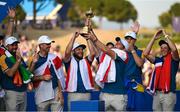 1 October 2023; Rory McIlroy of Europe celebrates as he lifts the Ryder Cup after the final day of the 2023 Ryder Cup at Marco Simone Golf and Country Club in Rome, Italy. Photo by Brendan Moran/Sportsfile