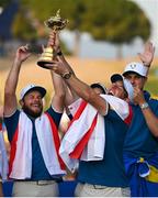 1 October 2023; Rory McIlroy of Europe celebrates as he lifts the Ryder Cup after the final day of the 2023 Ryder Cup at Marco Simone Golf and Country Club in Rome, Italy. Photo by Brendan Moran/Sportsfile