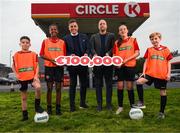 3 October 2023; Paul Dixon, senior director retail sales and operations, Circle K, left, and Brandon Turton, FAI grassroots leadership team, with Lucan FC players, from left, Mason Yourell, Meskerem Fitzgerald, Doireann Macken and Chloe O'Connor were pictured at Circle K, Ireland’s leading forecourt and convenience retailer, and title sponsors of the FAI Club Mark Programme, who today announced a €100,000 giveaway to grassroots football clubs across the Republic of Ireland. Clubs can win up to €30,000 to help them grow with entries closing on December 5th. Visit www.circlek.ie for details. Photo by Stephen McCarthy/Sportsfile