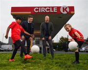 3 October 2023; Paul Dixon, senior director retail sales and operations, Circle K, left, and Brandon Turton, FAI grassroots leadership team, with Lucan FC players Haahash Lemuel, left, and Katie May were pictured at Circle K, Ireland’s leading forecourt and convenience retailer, and title sponsors of the FAI Club Mark Programme, who today announced a €100,000 giveaway to grassroots football clubs across the Republic of Ireland. Clubs can win up to €30,000 to help them grow with entries closing on December 5th. Visit www.circlek.ie for details. Photo by Stephen McCarthy/Sportsfile
