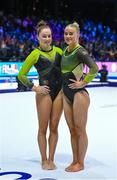2 October 2023; Emma Slevin, left, and Halle Hilton of Ireland after competing in the Women's Qualifications subdivision 10 during the 2023 World Artistic Gymnastics Championships at the Antwerps Sportpaleis in Antwerp, Belgium. Photo by Filippo Tomasi/Sportsfile