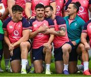 3 October 2023; Ireland players, from left, Dan Sheehan, Jimmy O’Brien, Mack Hansen and James Lowe during an Ireland Rugby squad training session at Complexe de la Chambrerie in Tours, France. Photo by Harry Murphy/Sportsfile