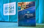 3 October 2023; A general view of the Federation of Irish Sport Pre-Budget Breakfast Briefing document during the Federation of Irish Sport Pre-Budget Breakfast Briefing at Irish Sport HQ Building in the Sports Campus, Dublin. Photo by Sam Barnes/Sportsfile