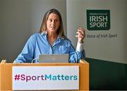 3 October 2023; Federation of Irish Sport chief executive Mary O'Connor speaking during the Federation of Irish Sport Pre-Budget Breakfast Briefing at Irish Sport HQ Building in the Sports Campus, Dublin. Photo by Sam Barnes/Sportsfile