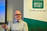 3 October 2023; Badminton Ireland chief executive officer Enda Lynch speaking during the Federation of Irish Sport Pre-Budget Breakfast Briefing at Irish Sport HQ Building in the Sports Campus, Dublin. Photo by Sam Barnes/Sportsfile