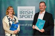 3 October 2023; Sport Ireland chief executive Dr Úna May and Basketball Ireland Chief Executive Officer John Feehan in attendance during the Federation of Irish Sport Pre-Budget Breakfast Briefing at Irish Sport HQ Building in the Sports Campus, Dublin. Photo by Sam Barnes/Sportsfile