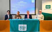 3 October 2023; In attendance ar the panel discussion during the Federation of Irish Sport Pre-Budget Breakfast Briefing are, from left, Senior Associate at A&L Goodbody Brian Hughes, Swim Ireland CEO Sarah Keane, Economist Jim Power and Badminton Ireland CEO Enda Lynch, at Irish Sport HQ Building in the Sports Campus, Dublin. Photo by Sam Barnes/Sportsfile