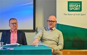 3 October 2023; In attendance at the panel discussion during the Federation of Irish Sport Pre-Budget Breakfast Briefing are Economist Jim Power, left, and Badminton Ireland CEO Enda Lynch, at Irish Sport HQ Building in the Sports Campus, Dublin. Photo by Sam Barnes/Sportsfile