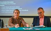 3 October 2023; In attendance at the panel discussion during the Federation of Irish Sport Pre-Budget Breakfast Briefing are Swim Ireland CEO Sarah Keane, and Economist Jim Power, at Irish Sport HQ Building in the Sports Campus, Dublin. Photo by Sam Barnes/Sportsfile