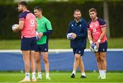 3 October 2023; Ireland players, from left, Ross Byrne, Jonathan Sexton and Jack Crowley with head coach Andy Farrell during an Ireland Rugby squad training session at Complexe de la Chambrerie in Tours, France. Photo by Harry Murphy/Sportsfile