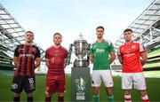 3 October 2023; Players, from left, Keith Buckley of Bohemians, Conor McCormack of Galway United, Cian Coleman of Cork City and Joe Redmond of St Patrick's Athletic during the Sports Direct Men’s FAI Cup Semi-Final's media day at Aviva Stadium in Dublin. Photo by Stephen McCarthy/Sportsfile