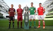 3 October 2023; Players, from left, Keith Buckley of Bohemians, Conor McCormack of Galway United, Cian Coleman of Cork City and Joe Redmond of St Patrick's Athletic during the Sports Direct Men’s FAI Cup Semi-Final's media day at Aviva Stadium in Dublin. Photo by Stephen McCarthy/Sportsfile