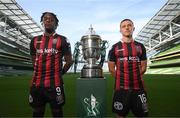 3 October 2023; Jonathan Afolabi, left, and Keith Buckley of Bohemians during the Sports Direct Men’s FAI Cup Semi-Final's media day at Aviva Stadium in Dublin. Photo by Stephen McCarthy/Sportsfile