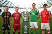 3 October 2023; Players, from left, Keith Buckley of Bohemians, Conor McCormack of Galway United, Cian Coleman of Cork City and Joe Redmond of St Patrick's Athletic during the Sports Direct Men’s FAI Cup Semi-Final's media day at Aviva Stadium in Dublin. Photo by Stephen McCarthy/Sportsfile