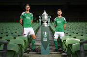 3 October 2023; Cian Coleman, left, and Aaron Bolger of Cork City during the Sports Direct Men’s FAI Cup Semi-Final's media day at Aviva Stadium in Dublin. Photo by Stephen McCarthy/Sportsfile