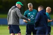 4 October 2023; Ireland coaches, from left, forwards coach Paul O'Connell, defence coach Simon Easterby and national scrum coach John Fogarty during an Ireland rugby squad training session at Complexe de la Chambrerie in Tours, France. Photo by Harry Murphy/Sportsfile