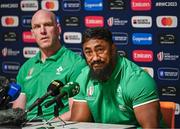 4 October 2023; Bundee Aki, right, and forwards coach Paul O'Connell during an Ireland rugby media conference at Complexe de la Chambrerie in Tours, France. Photo by Harry Murphy/Sportsfile
