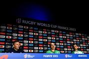 6 October 2023; National scrum coach John Fogarty, James Lowe and Tadhg Beirne during an Ireland rugby media conference at the Stade de France in Paris, France. Photo by Harry Murphy/Sportsfile