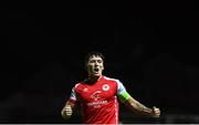 15 September 2023; Joe Redmond of St Patrick's Athletic celebrates his side's second goal, scored by Tommy Lonergan, during the Sports Direct Men’s FAI Cup quarter-final match between Finn Harps and St Patrick's Athletic at Finn Park in Ballybofey, Donegal. Photo by Ramsey Cardy/Sportsfile