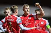 15 September 2023; Jay McGrath of St Patrick's Athletic celebrates a goal by teammate Tommy Lonergan during the Sports Direct Men’s FAI Cup quarter-final match between Finn Harps and St Patrick's Athletic at Finn Park in Ballybofey, Donegal. Photo by Ramsey Cardy/Sportsfile