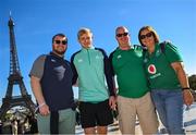 6 October 2023; Ireland supporters, from left, Liam Ryan, Jack Kelly, Dave Ryan and Helen McBryde from Bray in Wicklow ahead of the 2023 Rugby World Cup Pool B match between Ireland and Scotland at the Eiffel Tower in Paris, France. Photo by Brendan Moran/Sportsfile