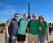 6 October 2023; Ireland supporters, from left, Liam Ryan, Jack Kelly, Dave Ryan and Helen McBryde from Bray in Wicklow ahead of the 2023 Rugby World Cup Pool B match between Ireland and Scotland at the Eiffel Tower in Paris, France. Photo by Brendan Moran/Sportsfile