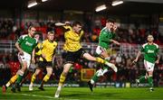 29 September 2023; Barry Coffey of Cork City in action against Conor Carty of St Patrick's Athletic during the SSE Airtricity Men's Premier Division match between Cork City and St Patrick's Athletic at Turner's Cross in Cork. Photo by Eóin Noonan/Sportsfile