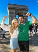 6 October 2023; Ireland supporters who were recently married, and in Paris for their honeymoon, Aoife Hyland, from Rochfortbridge, Westmeath, and Daniel O’Sullivan, from Carrigadrohid, Cork, at the Arc de Triomphe in Paris ahead of the 2023 Rugby World Cup Pool B match between Ireland and Scotland. Photo by Ramsey Cardy/Sportsfile