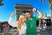 6 October 2023; Ireland supporters who were recently married, and in Paris for their honeymoon, Aoife Hyland, from Rochfortbridge, Westmeath, and Daniel O’Sullivan, from Carrigadrohid, Cork, at the Arc de Triomphe in Paris ahead of the 2023 Rugby World Cup Pool B match between Ireland and Scotland. Photo by Ramsey Cardy/Sportsfile