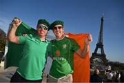 6 October 2023; Ireland supporters Leo Morrissey from Dungarvan, Waterford, left, and Gary Duggan from Mahon, Cork, ahead of the 2023 Rugby World Cup Pool B match between Ireland and Scotland at the Eiffel Tower in Paris, France. Photo by Brendan Moran/Sportsfile