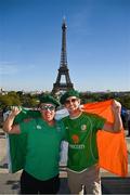6 October 2023; Ireland supporters Leo Morrissey from Dungarvan, Waterford, left, and Gary Duggan from Mahon, Cork, ahead of the 2023 Rugby World Cup Pool B match between Ireland and Scotland at the Eiffel Tower in Paris, France. Photo by Brendan Moran/Sportsfile