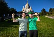 6 October 2023; Ireland supporters Ian Fitzpatrick from Ratoath, Meath, left, Tom Higgins from Eadestown, Kildare, ahead of the 2023 Rugby World Cup Pool B match between Ireland and Scotland at the Montmartre in Paris, France. Photo by Harry Murphy/Sportsfile