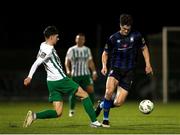 6 October 2023; Patrick Hickey of Athlone Town in action against Harry Groome of Bray Wanderers during the SSE Airtricity Men's First Division match between Athlone Town and Bray Wanderers at Athlone Town Stadium in Westmeath. Photo by Michael P Ryan/Sportsfile