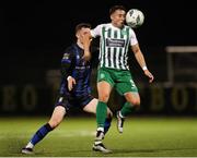 6 October 2023; Chris Lyons of Bray Wanderers in action against Jack Kavanagh of Athlone Town during the SSE Airtricity Men's First Division match between Athlone Town and Bray Wanderers at Athlone Town Stadium in Westmeath. Photo by Michael P Ryan/Sportsfile